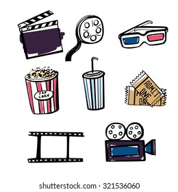 Set of hand drawn vector illustrations Cinema symbols. Doodle sketches of popcorn, soda cup, 3D glasses, cinema tickets, reel, filmstrip and clapper and other isolated objects on white background.