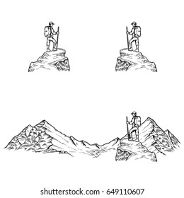 Set of hand drawn vector illustrations the mountains with a tourist in engraving style