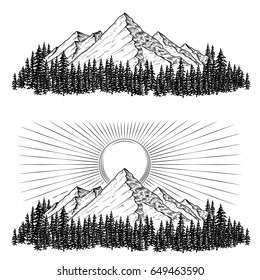 Set of hand drawn vector illustrations the mountains with a coniferous forest on them and the sun in engraving style