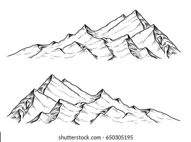 Set of hand drawn vector illustrations the mountains in engraving style