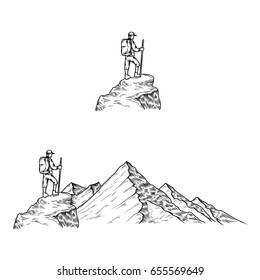 Set of hand drawn vector illustrations the mountains with a tourist in engraving style