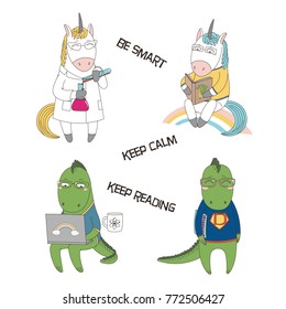 Set of hand drawn vector illustrations of cute funny cartoon dragons, unicorns in glasses, with book, comics, laptop, in lab coat, text. Isolated objects. Design concept for children, geek culture.