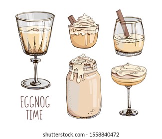 Set of hand drawn vector images in pastel colors isolated on white. Eggnog. Traditional Christmas drinks, beverages, cocktails. Clip art. Design of cocktails for menu decoration. New Year mood board