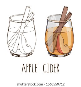 Set of hand drawn vector images isolated on white background. Apple cider with spices and fruit slices. Popular hot winter drink. Christmas cocktail. Menu design. Modern lettering. Contour and color