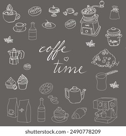  conjunto de Imágenes vectoriales dibujadas a mano de garabato de cafetería para varios diseños