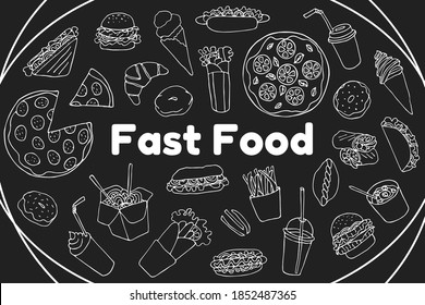 Set  hand drawn vector isolated elements. Takeaway food. Collection of fast food. Illustration of a Burger, hot dog, pizza, donuts, sandwiches.