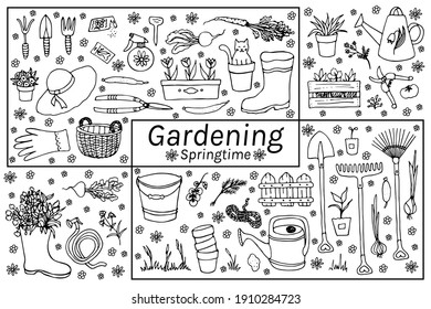 Set  hand drawn vector isolated elements. Gardening. Springtime.  Illustration of a garden tools, plants, flowers, vegetables.