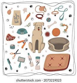 Set  hand drawn vector isolated elements. Grooming. Accessories for dogs. Dog food. Pet store. Pet care. Color image on a white background. The print is used for packaging design. 