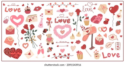 Establecer elementos aislados de vectores dibujados a mano del Día de San Valentín. Decoración para el día de San Valentín. Símbolos de San Valentín. Carta. Corazón. Flores. Fresa en chocolate. Imagen de color en un fondo blanco.