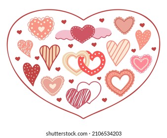 Set  hand drawn vector isolated elements of Valentine day. Lace valentines. Symbols of Valentine's day. Color image on a white background.