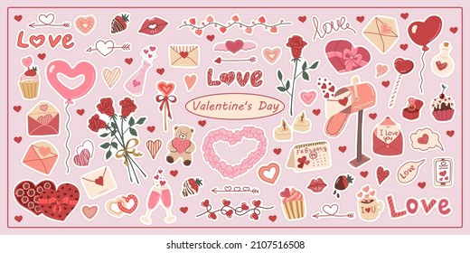 Set  hand drawn vector isolated stickers of Valentine day. Decoration for Valentine day. Symbols of Valentine's day. Letter. Heart. Flowers. Strawberry in chocolate. Color image on a white background