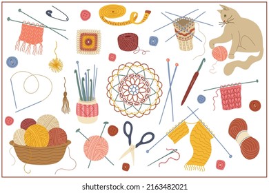 Set  hand drawn vector isolated elements of handmade work. Knitting. Color image on a white background.