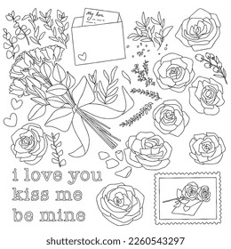 Set hand drawn vector isolated Valentine day roses. Decoration love day. Symbols of Valentine's day. Letter. Heart. Flowers. Roses. Flower petals. Love letter. For packaging, greeting card and more