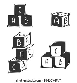Conjunto de niños vector dibujados a mano cubos con letras, aislados en fondo blanco.