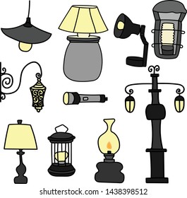 Set of hand drawn vector lamps, street light, luster, old lamp. Isolated.
