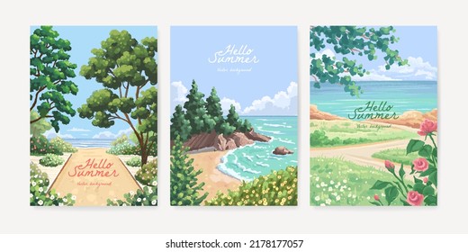 Set of hand drawn vector landscape background. Beautiful illustration of summer beach, sea, field, trees and flowers. Summer holidays poster or banner design template