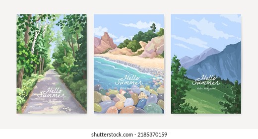 Set of hand drawn vector landscape background. Beautiful illustration of summer beach, forest, field and mountains. Summer holidays poster or banner design template