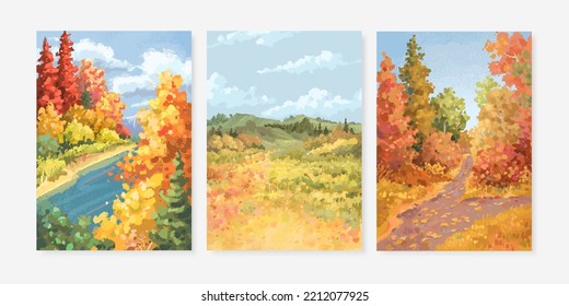 Set of hand drawn vector landscape background. Beautiful illustration of autumn forest and field. Hello autumn poster or banner design template