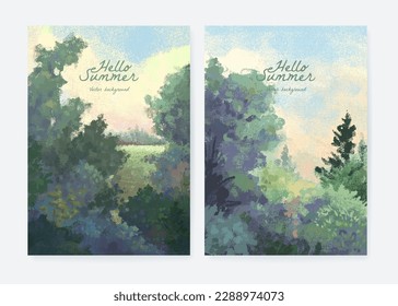 Set of hand drawn vector landscape background. Beautiful illustration of summer forest, field and hills. Summer holidays poster or banner design template
