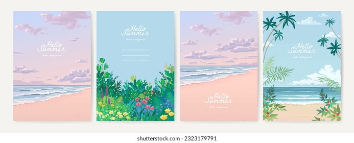 Conjunto de fondo de paisaje vectorial dibujado a mano. Hermosa ilustración de jardín de verano, playa, mar y cielo. Plantilla de diseño de afiches o banderas de vacaciones de verano