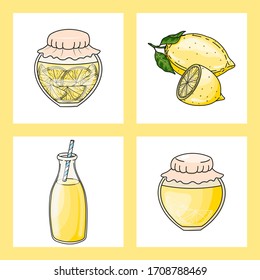 Set of hand drawn vector lemon jam jars, lemonade bottle with ripe fruits. Delicious homemade dessert. Graphic elements for package, label, wrapping paper, card, print, banner, advertising or poster.