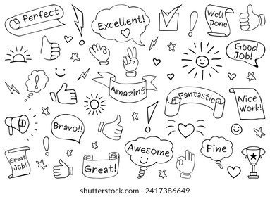 Set of hand drawn vector line doodles in sketch style. Inspirational and motivational slogans, phrases, lettering quotes. Hand gestures: V sign for victory or peace, hand showing ok, thumb up, like.