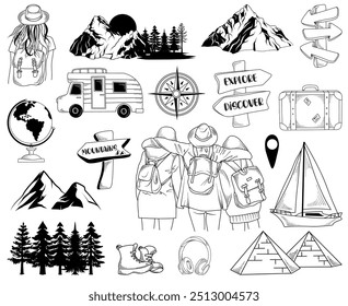 Set of hand drawn vector line art travel and tourism elements, isolated silhouettes of traveling people, line drawing of summer, beach, forest adventures