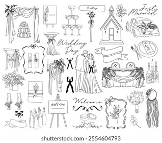 Set of hand drawn vector line art wedding elements, isolated wedding couple, groom, bride, wedding decorations, clothes and items, line drawing wedding illustration design for cards and invitations