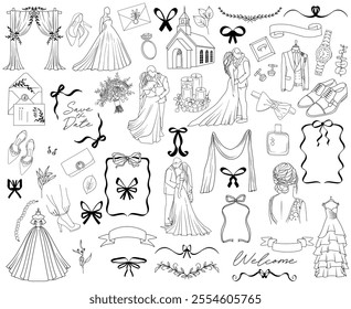 Set of hand drawn vector line art wedding elements, isolated wedding couple, groom, bride, wedding decorations, clothes and items, line drawing wedding illustration design for cards and invitations