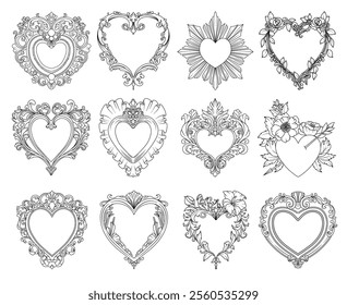 Set of hand drawn vector line art vintage hearts, isolated elements, line drawing wedding illustrations or design to Valentine's Day cards