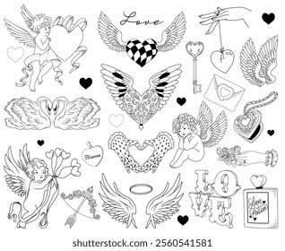 Set of hand drawn vector line art elements to Valentine's Day, isolated romantic line drawing illustrations (hearts, wings, swans, cupids), design for cards and invitations