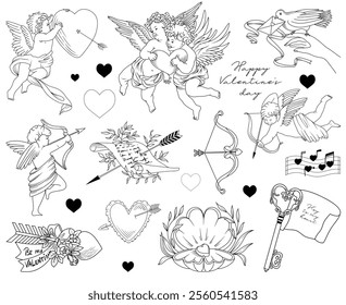 Set of hand drawn vector line art elements to Valentine's Day, isolated romantic line drawing illustrations (hearts, arrows, bow, wings, cupids), design for cards and invitations