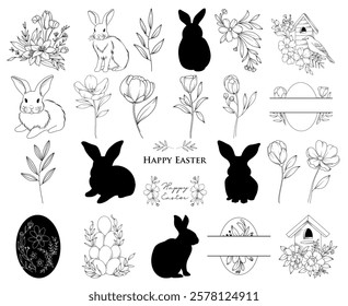 Set of hand drawn vector line art Easter illustrations, isolated cute bunny, Easter frames, eggs and flowers, line drawing spring Easter collection