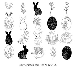 Set of hand drawn vector line art Easter illustrations, isolated cute bunny, Easter basket, eggs and flowers, line drawing spring Easter collection