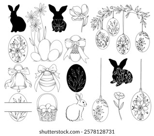 Set of hand drawn vector line art Easter illustrations, isolated cute bunny, Easter basket, eggs and flowers, line drawing spring Easter collection