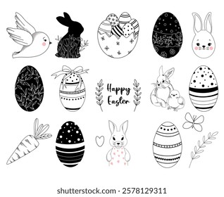 Set of hand drawn vector line art Easter illustrations, isolated cute bunny, birds and eggs, line drawing spring Easter collection