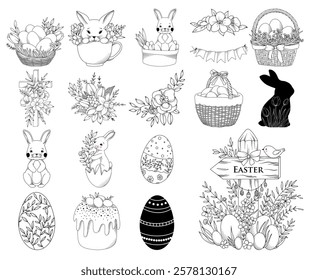 Set of hand drawn vector line art Easter illustrations, isolated cute bunny, Easter basket, eggs, cross and flowers, line drawing spring Easter collection	