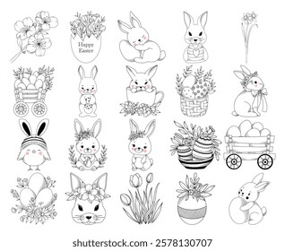 Set of hand drawn vector line art Easter illustrations, isolated cute bunny, Easter basket, eggs and flowers, line drawing spring Easter collection