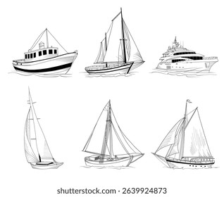 Set of hand drawn vector line drawn yachts, isolated marine transport, line drawing Sailboat illustration