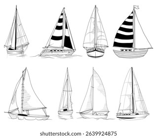 Set of hand drawn vector line drawn yachts, isolated marine transport, line drawing Sailboat illustration