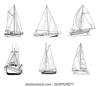 Set of hand drawn vector line drawn yachts, isolated marine transport, line drawing Sailboat illustration