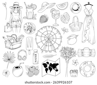Set of hand drawn vector line art summer travel and tourism elements, line drawing of summer, beach, surfing, picnic and seaside vacation