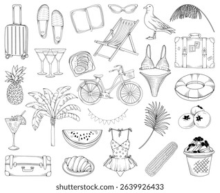 Set of hand drawn vector line art summer travel and tourism elements, line drawing of summer, beach, surfing, picnic and seaside vacation