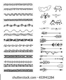 Set of Hand drawn vector line borders, arrows and design elements