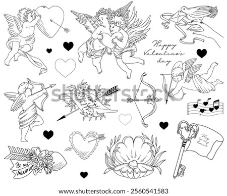 Set of hand drawn vector line art elements to Valentine's Day, isolated romantic line drawing illustrations (hearts, arrows, bow, wings, cupids), design for cards and invitations