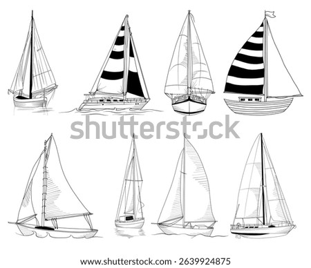 Set of hand drawn vector line drawn yachts, isolated marine transport, line drawing Sailboat illustration