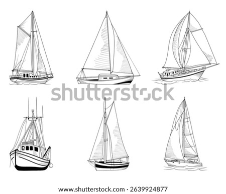 Set of hand drawn vector line drawn yachts, isolated marine transport, line drawing Sailboat illustration