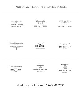 Set of hand drawn vector logo templates. Camera drones. Aerial photography. For business identity and branding, for drone flight schools, photographers and drone shops.