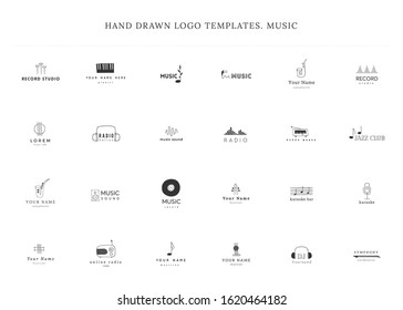 Set of hand drawn vector logo templates. Music and sound record elements. For music shops and cafe, sound record studios, for musicians, performers and singers. For business identity and branding.