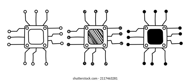 Set of hand drawn vector Microprocessor in doodle cartoon style